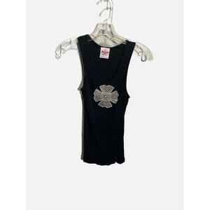Pretty Punk Tank Top Womens S Black Beaded Floral Applique Ribbed Y2K Edgy Emo